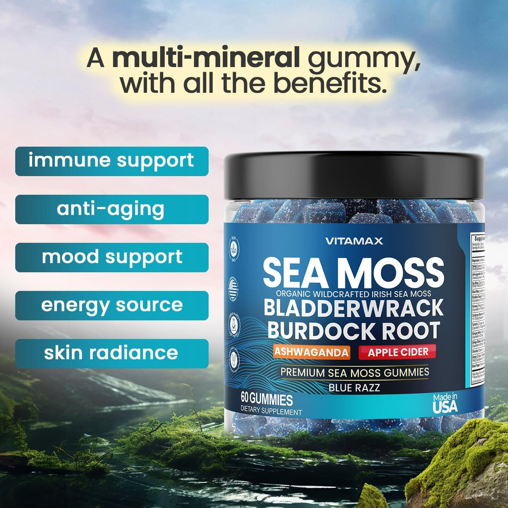 Vitamax Gominolas de Irish Sea Moss - Suplemento Multimineral con Bladderwrack, Ashwagandha, Raíz de Bardana y Vinagre de Manzana - Vegano y No GMO - 60 Gominolas