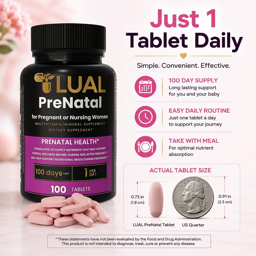 LUAL Multivitamínico Prenatal con Ácido Fólico y Hierro | 100 Comprimidos