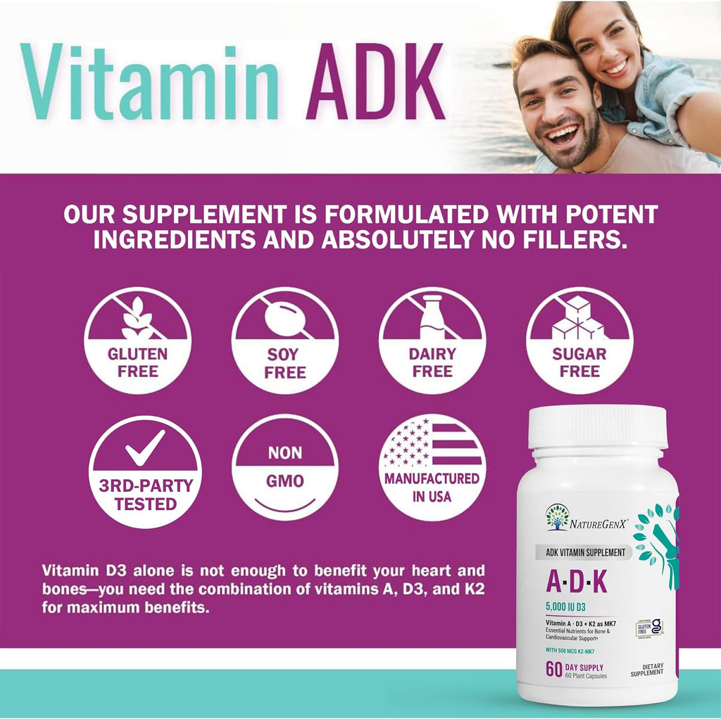 NatureGenX ADK Vitamin Supplement – Vitamins A, D3 & K2 MK-7 for Bone Health & Calcium Absorption – Gluten-Free, Non-GMO, Soy-Free – 120 Capsules, 2-Pack (4-Month Supply)