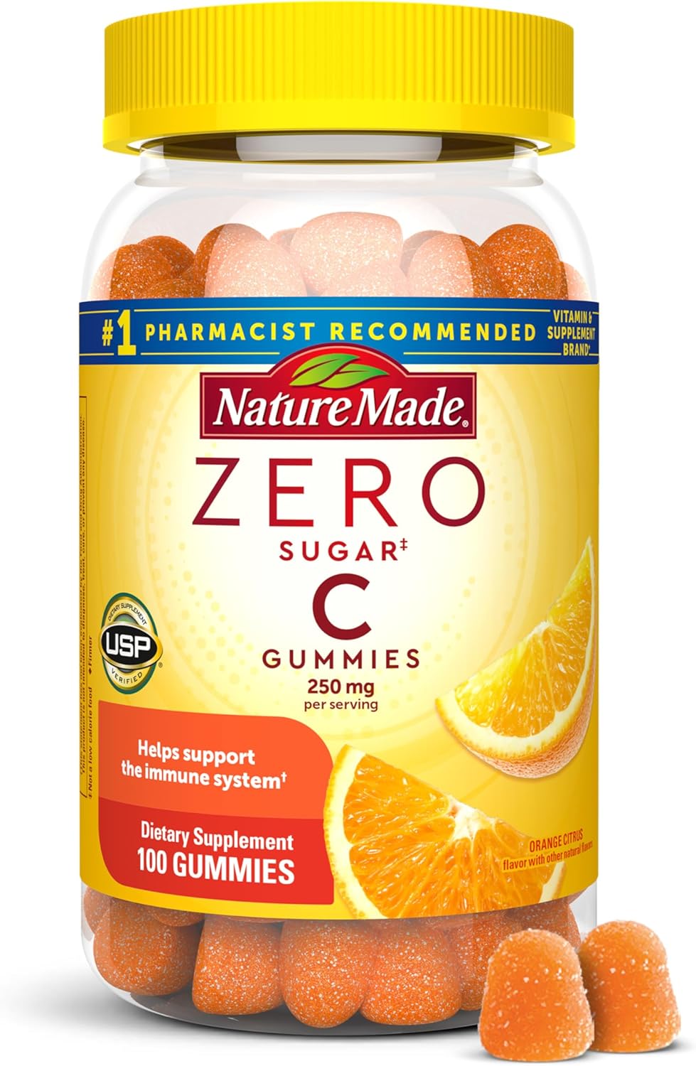 Nature Made Zero Sugar Vitamin C Gominolas 250 mg por dosis, Apoyo Inmunitario y Antioxidante, Sin Aspartamo, 100 Gominolas Sin Azúcar, 50 Días