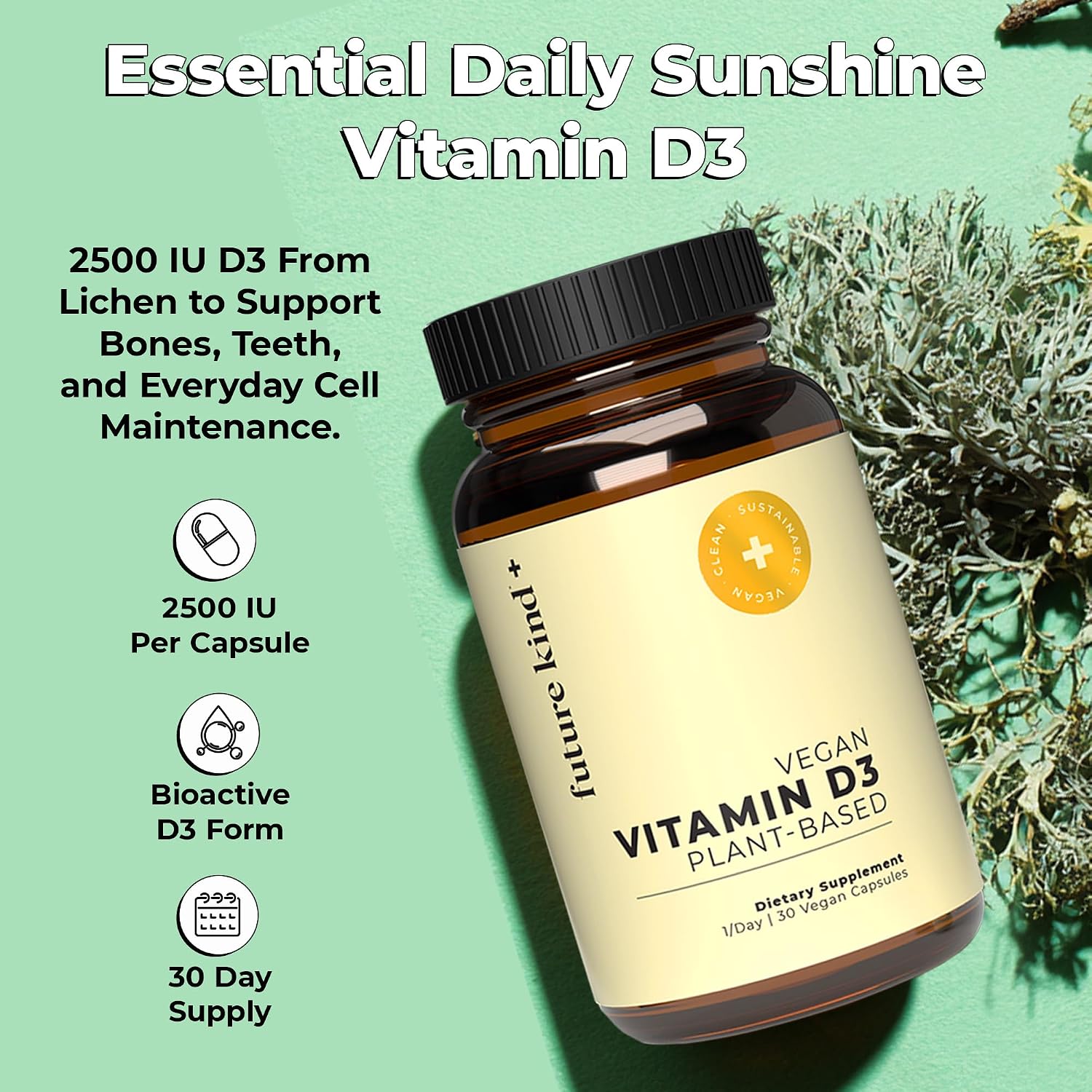 Future Kind Vitamina D3 2500 IU - Complemento Alimenticio Vegano de Líquenes, 30 Cápsulas