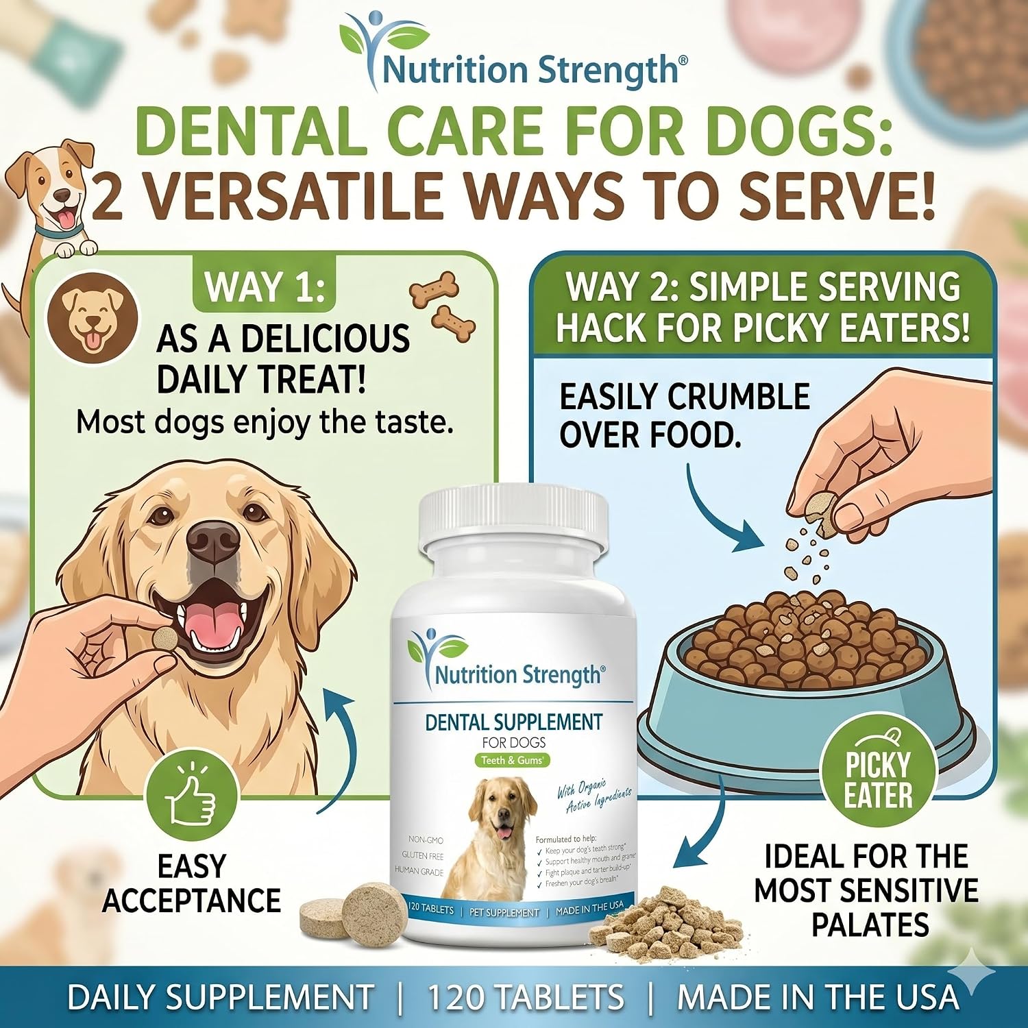 Nutrition Strength Cuidado Dental para Perros - Eliminador Natural de Placa y Sarro con Algas Orgánicas, Hojas de Fresa y Semillas de Calabaza - 120 Comprimidos