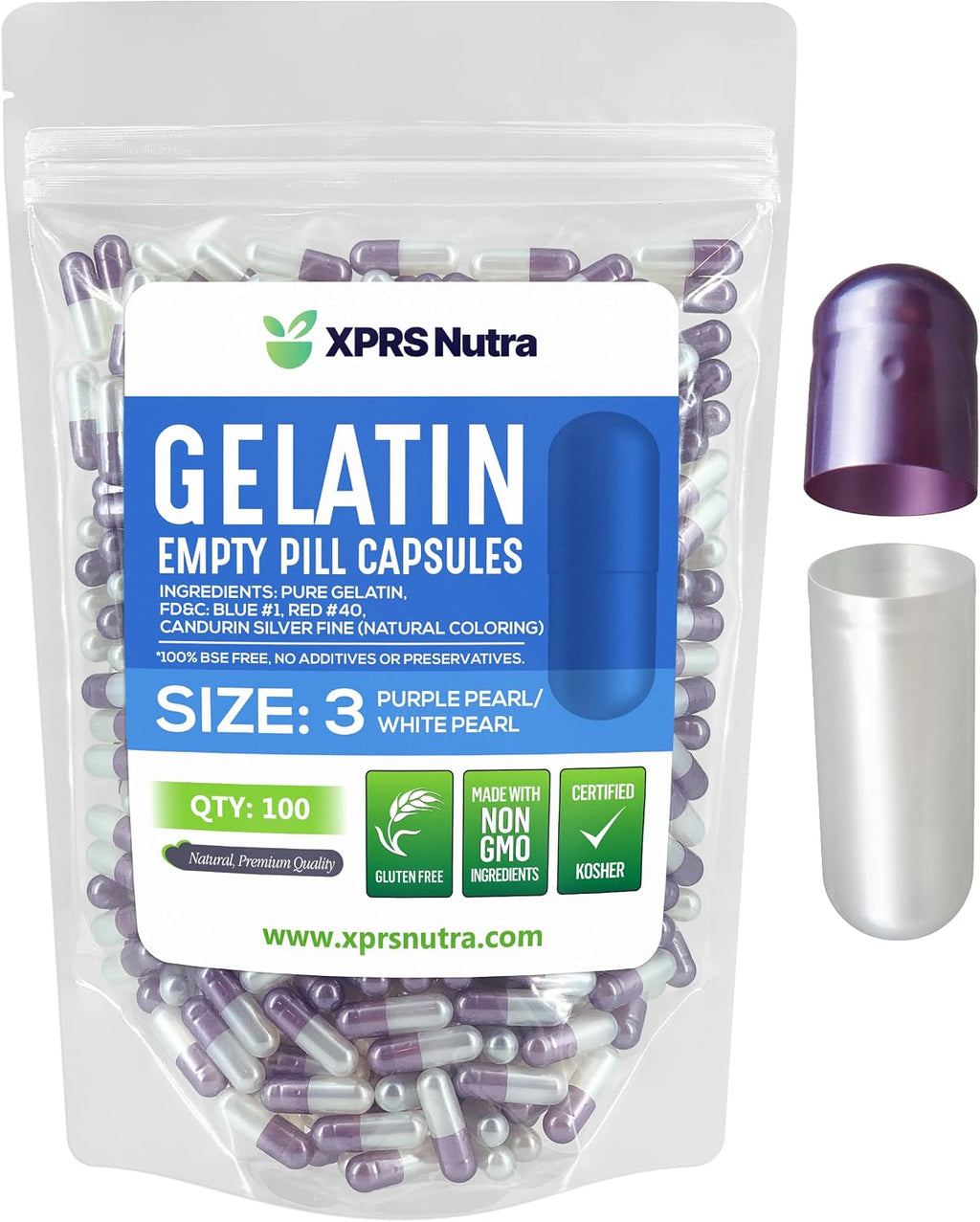 Cápsulas Vacías de Gelatina Tamaño 3 - 100 uds - XPRS Nutra (Púrpura Perla/Blanco)