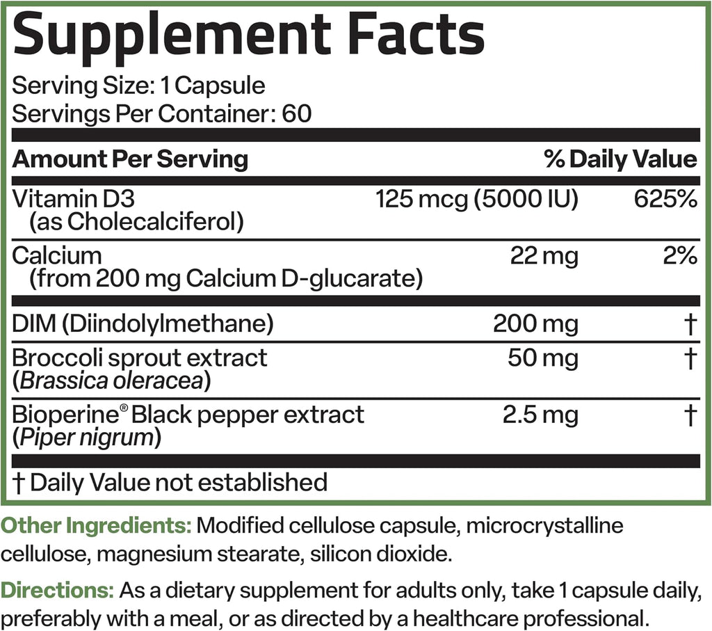 Bronson DIM Balance+ con Calcio D-Glucarato, Extracto de Brotes de Brócoli y Vitamina D3, 200 mg de DIM por Cápsula, 60 Cápsulas Vegetales