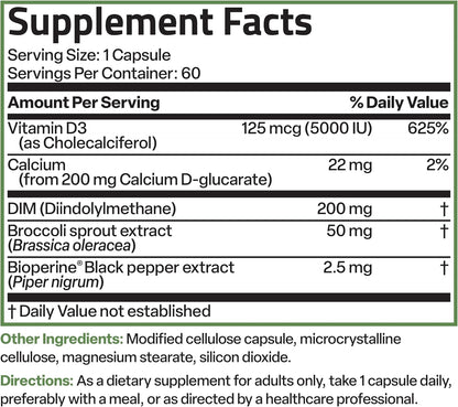 Bronson DIM Balance+ con Calcio D-Glucarato, Extracto de Brotes de Brócoli y Vitamina D3 | 200 mg de DIM por Cápsula | Apoya el Metabolismo del Estrógeno y el Equilibrio Hormonal | 60 Cápsulas Vegetales