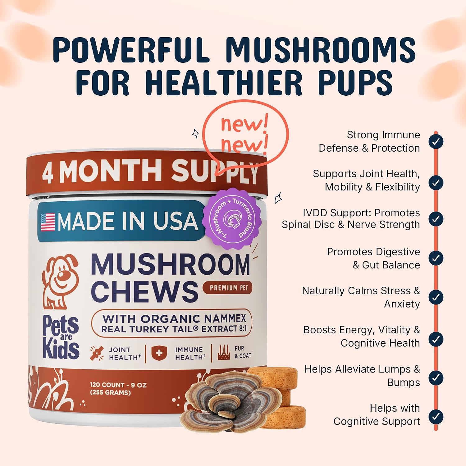 Pets are Kids Turkey Tail Mushroom for Dogs with Organic Real Turkey Tail™ - 8:1 Extract Mushroom Chews for Immune System Health, Gut, Skin & Joint Support - Reishi, Lion's Mane - 120 Chews