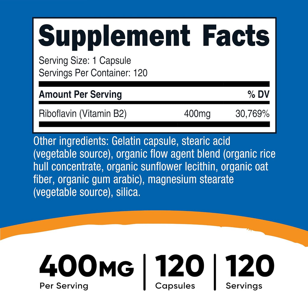 Nutricost Vitamin B2 (Riboflavin) 400mg, 120 Capsules - Gluten Free, Non-GMO