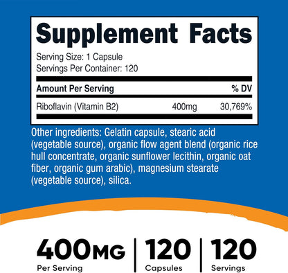 Nutricost Vitamina B2 (Riboflavina) 400mg, – Funcionamiento del sistema nervioso: Favorece el funcionamiento – Image 2