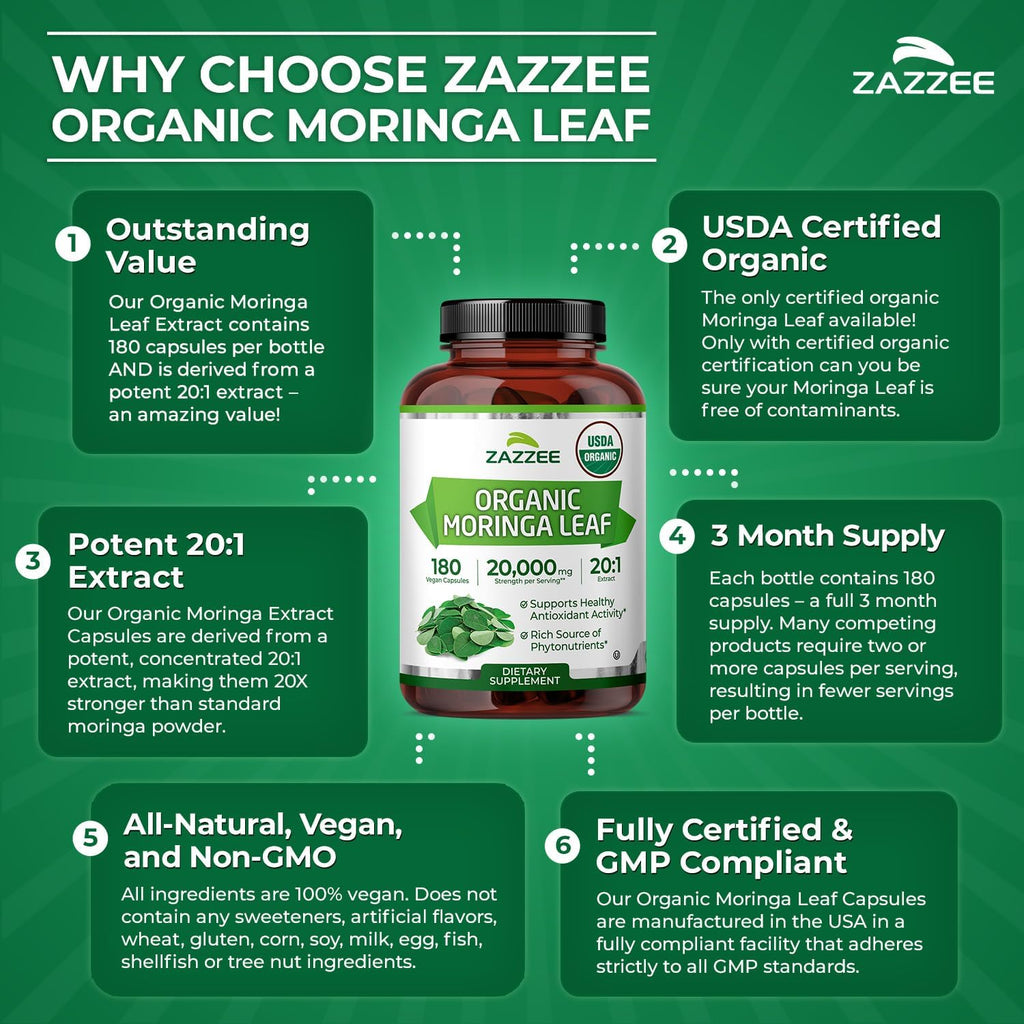 Zazzee Moringa Orgánica Extracto 20:1 - 180 Cápsulas Veganas