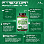 Zazzee Moringa Orgánica Extracto 20:1 - 180 Cápsulas Veganas