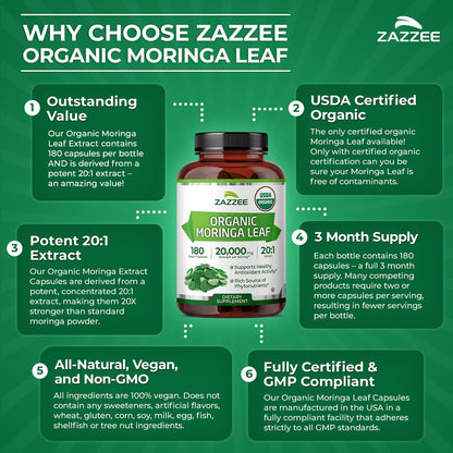Zazzee Moringa Orgánica Extracto 20:1 - 180 – Vegano y Kosher: Apto para dietas veganas y certificado Kosher. La – Image 7