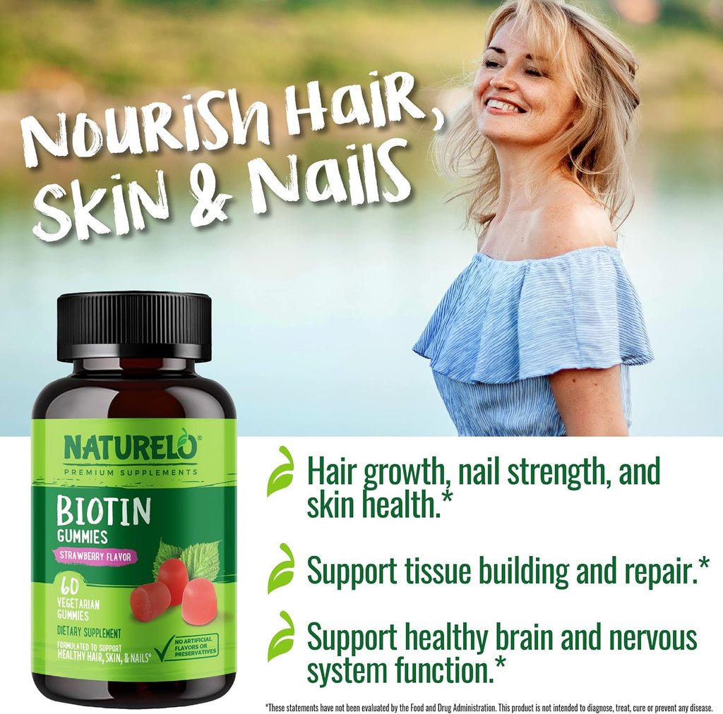 NATURELO Gominolas de Biotina - 2500 mcg - Apoyo para Cabello, Piel y Uñas - No GMO, Sin Gluten - 60 Gominolas
