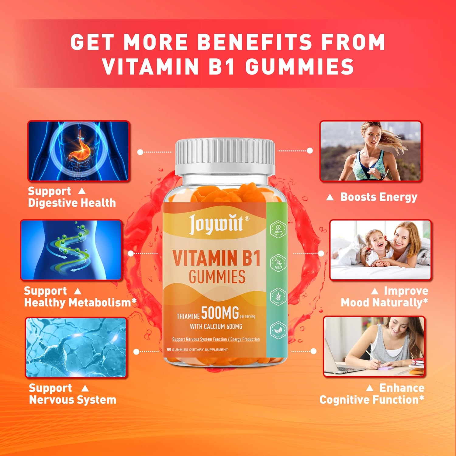 Joywiit Gominolas de Vitamina B1 500mg, Suplemento de Tiamina para Adultos, con 600mg de Citrato de Calcio, Apoya el Sistema Nervioso, Vegano, Masticable Sabor Naranja Natural
