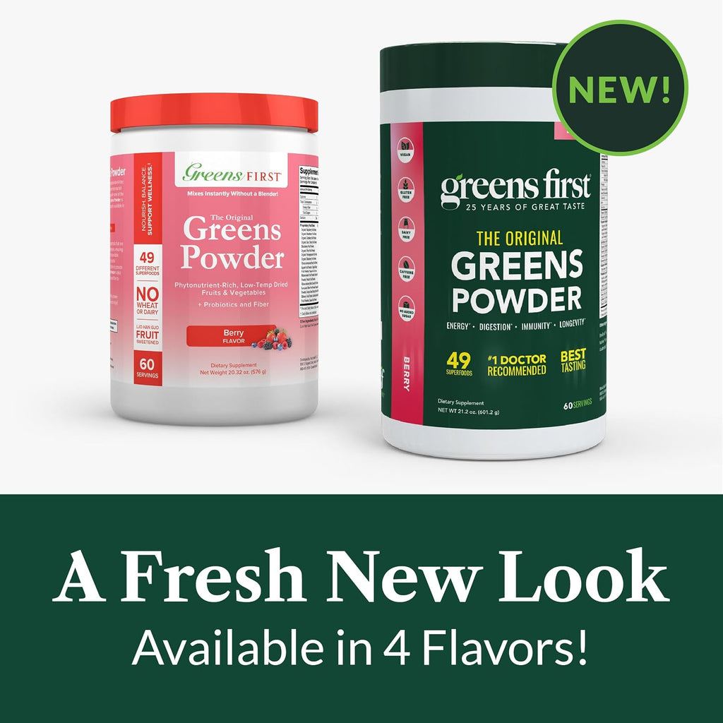 Greens First Original Greens Powder - 49 Superfoods - Organic Fruits and Vegetables - Prebiotics, Probiotics & Digestive Enzymes - Antioxidant Smoothie - Dairy Free, Vegan & Non-GMO - Berry Flavor - 60 Servings