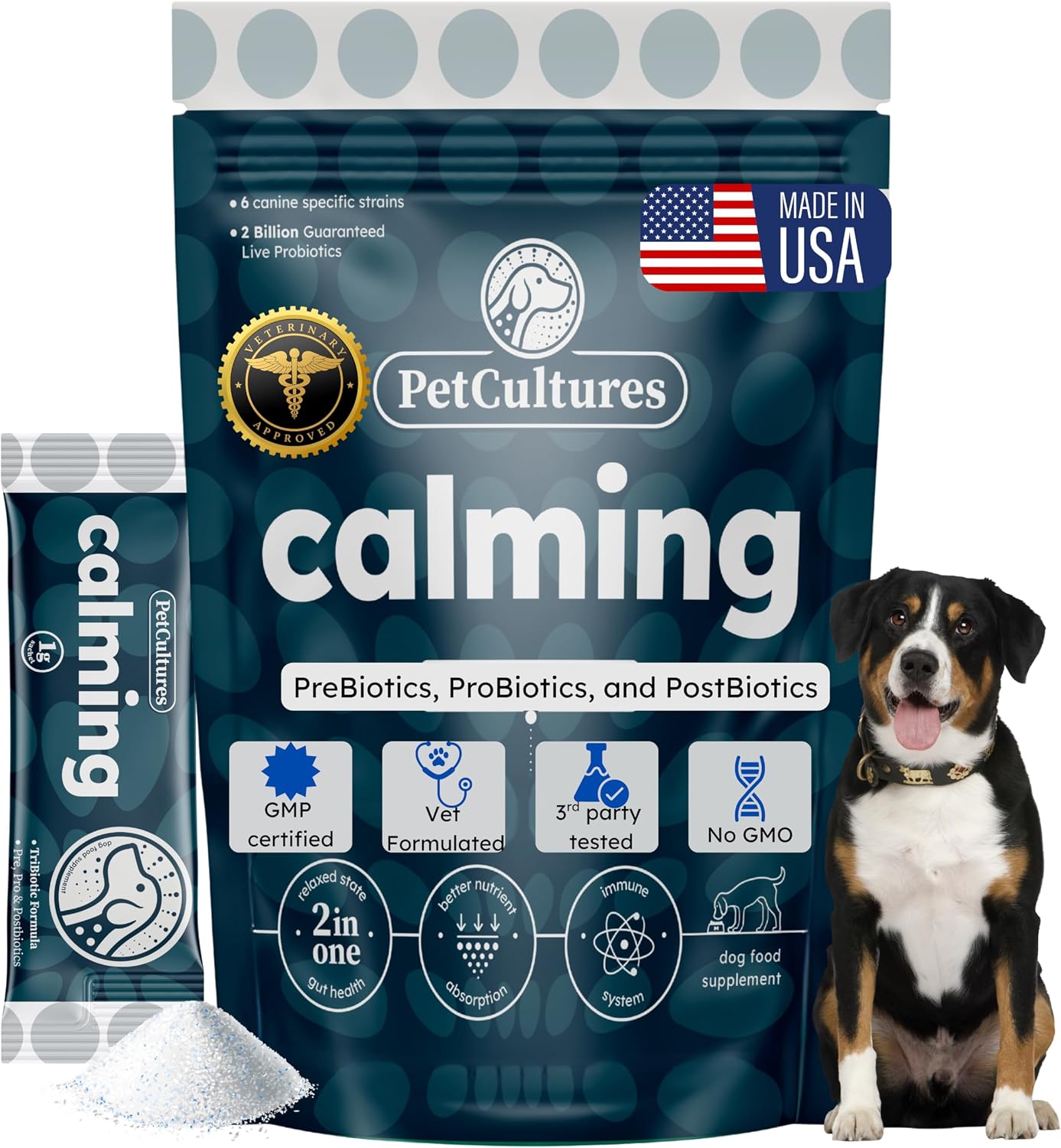 PetCultures Calming Tribiotic Polvo Calmante para Perros – Apoya el Estrés, L-Triptófano, L-Teanina y Equilibrio Eje Intestino-Cerebro – Fabricado en EE. UU. (30 Sobres)