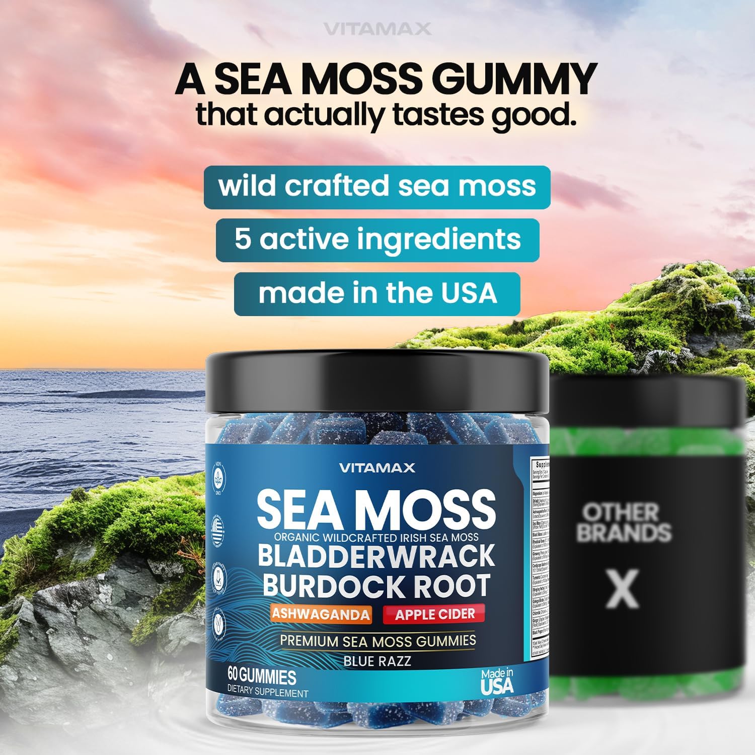 Vitamax Gominolas de Irish Sea Moss - Suplemento Multimineral con Bladderwrack, Ashwagandha, Raíz de Bardana y Vinagre de Manzana - Vegano y No GMO - 60 Gominolas