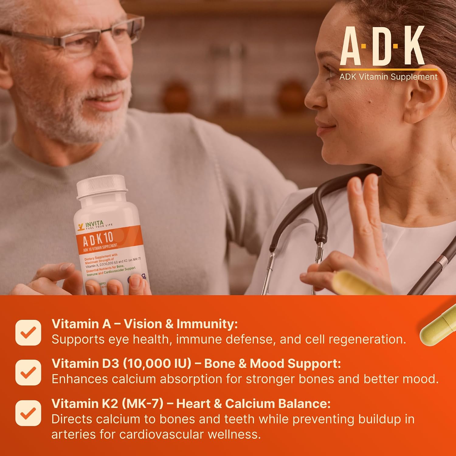 INVITA ADK 10 – Suplemento de Vitaminas A, D3 10,000 UI y K2-MK7 – 90 Cápsulas