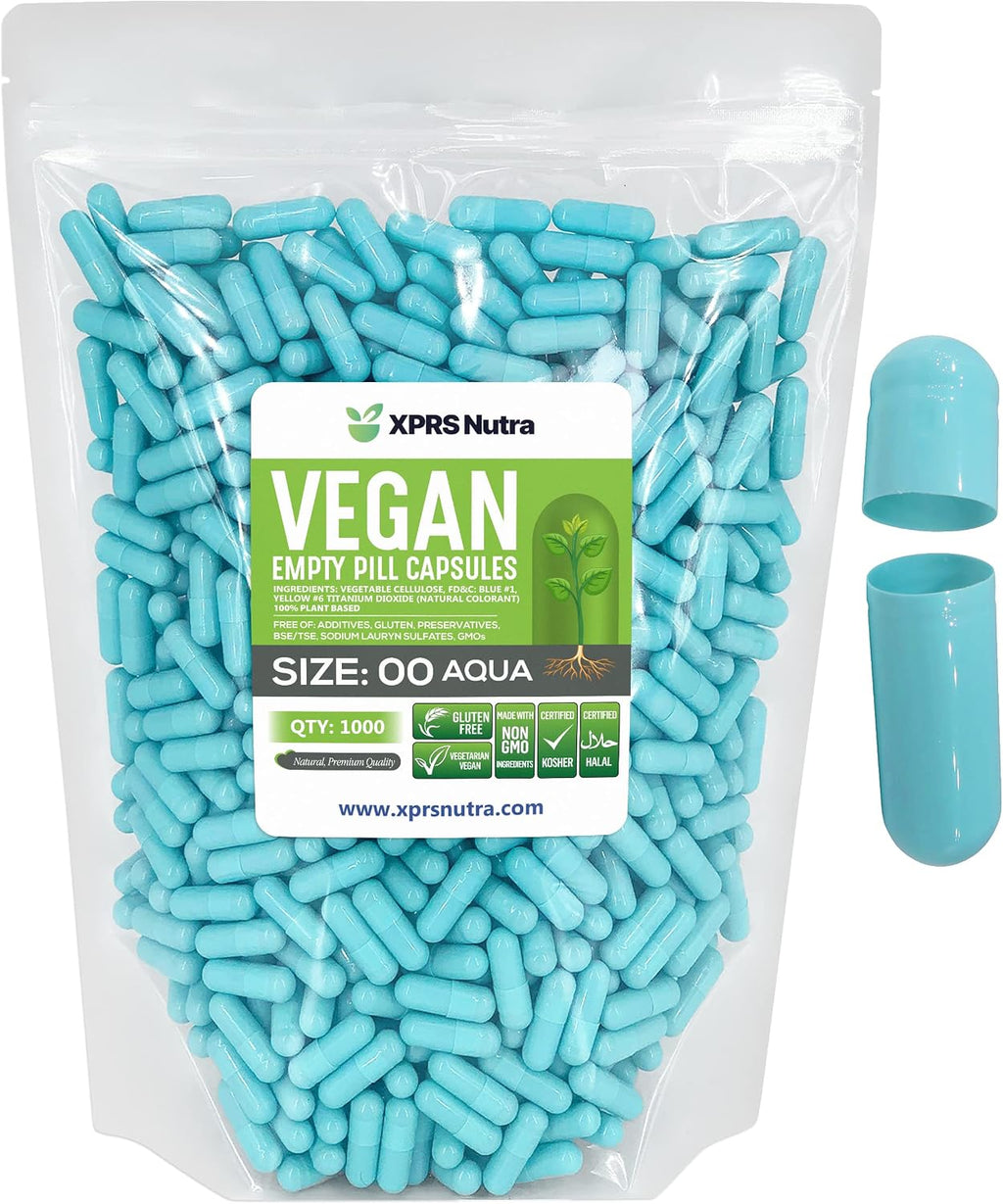 XPRS Nutra Cápsulas Vacías Tamaño 00 - 1000 Unidades - Cápsulas Veganas - Vegetarianas - Relleno DIY - Aqua