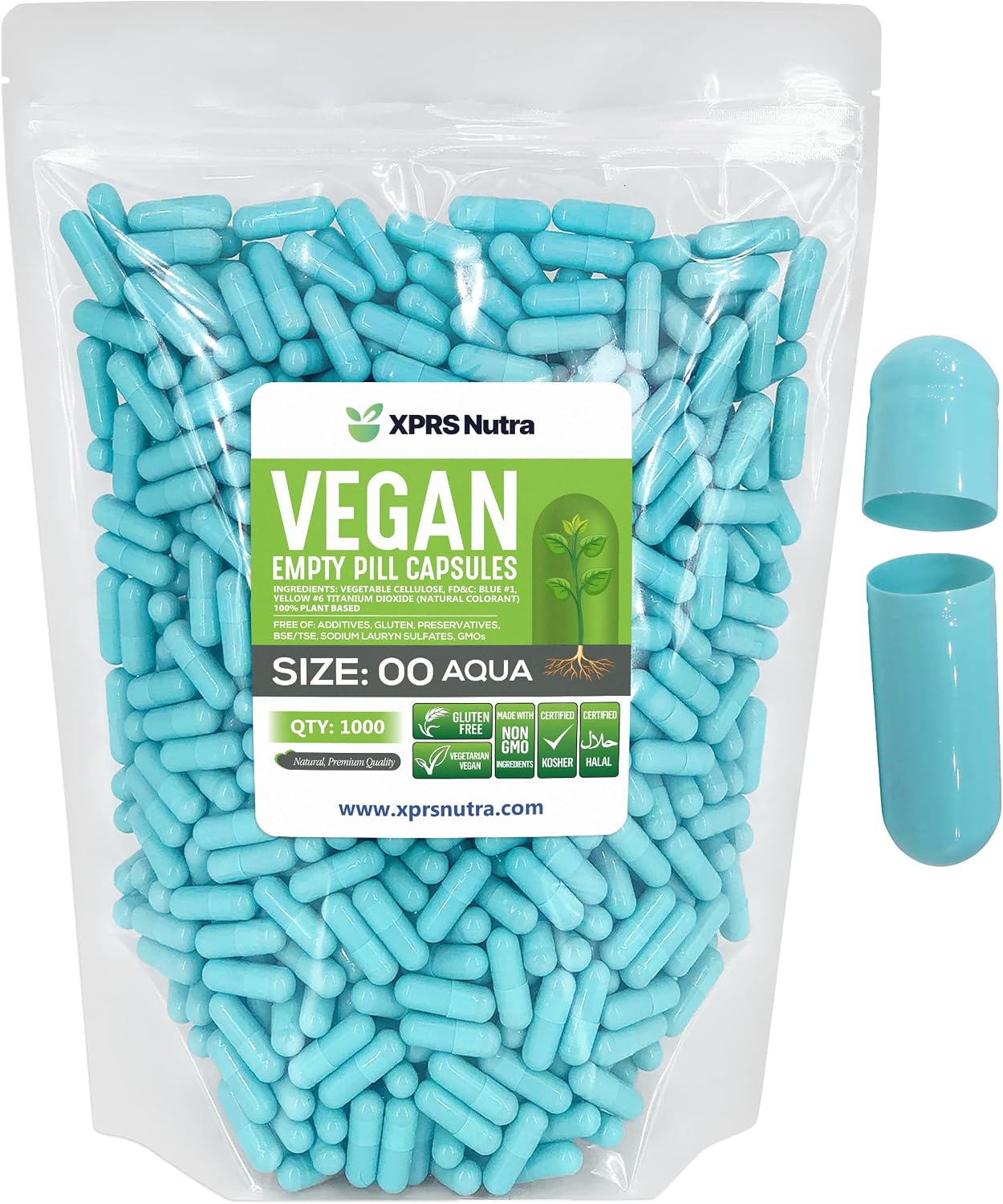 XPRS Nutra Cápsulas Vacías Tamaño 00 - 1000 Unidades - Cápsulas Veganas - Vegetarianas - Relleno DIY - Aqua