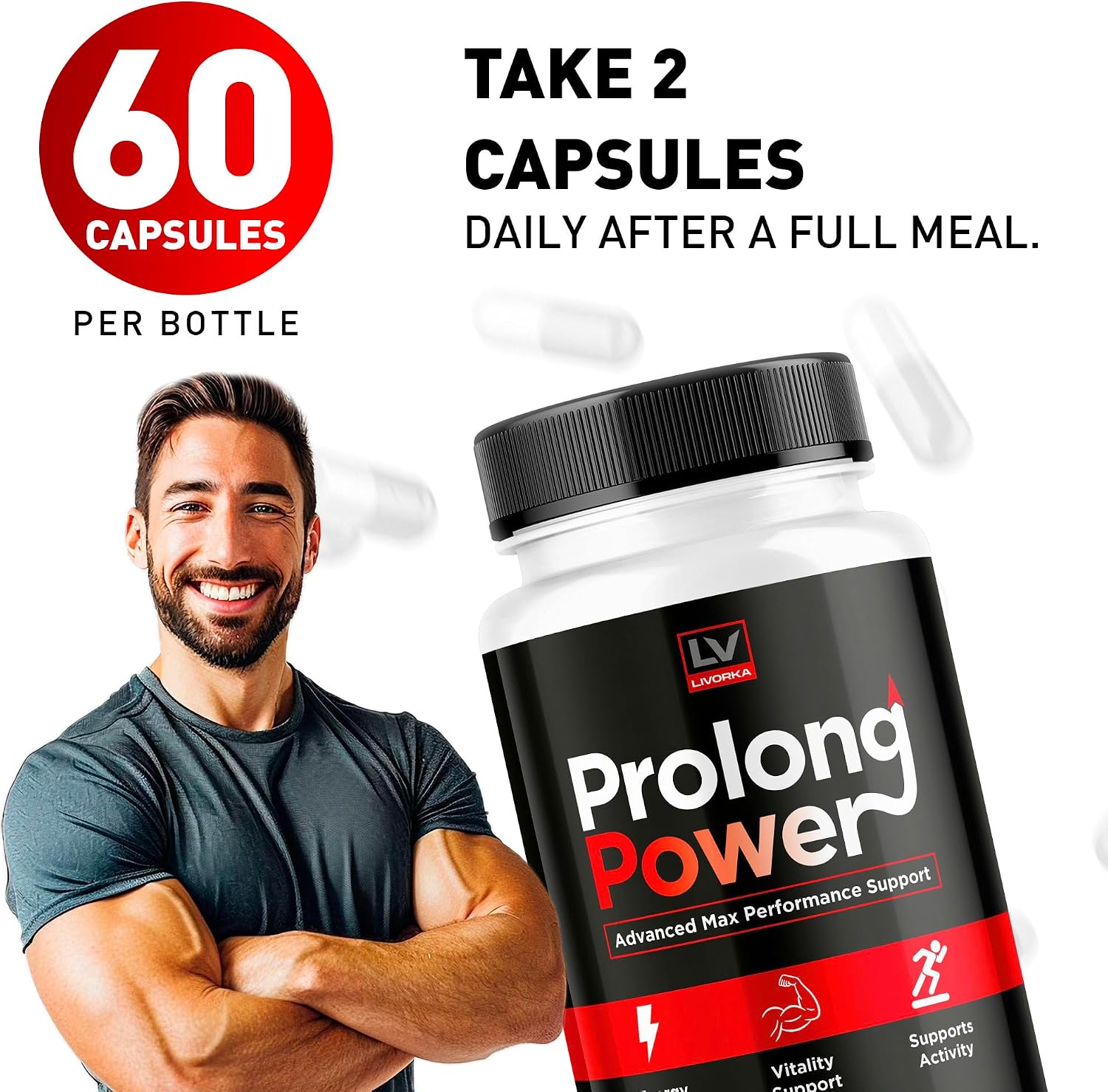 LIVORKA Prolong Power Pills para Hombres, 60 Cápsulas - Suplemento Masculino