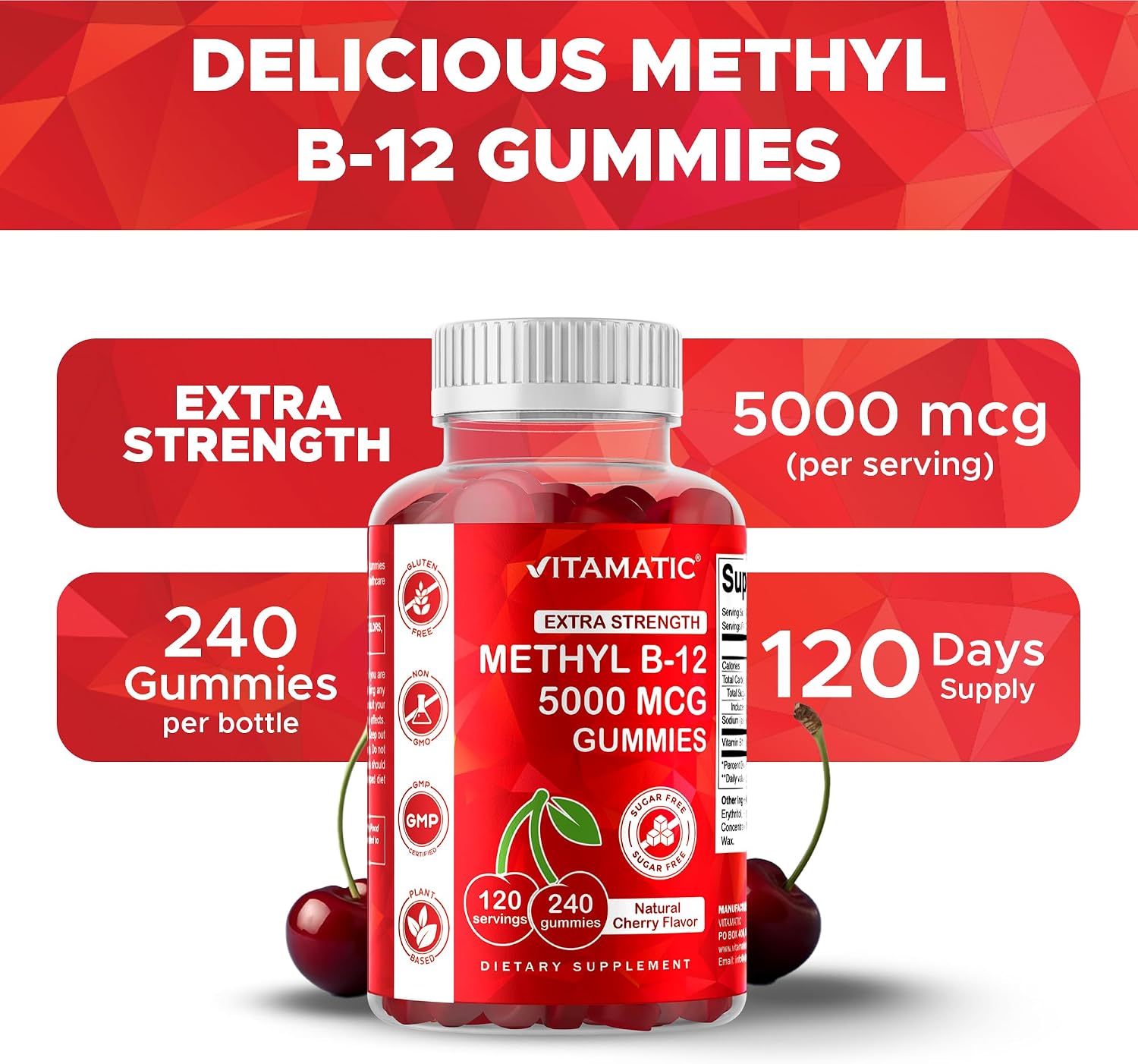 Vitamatic Vitamina B12 5000 mcg (Metilcobalamina) Gominolas - 240 Unidades, Sabor Cereza Natural