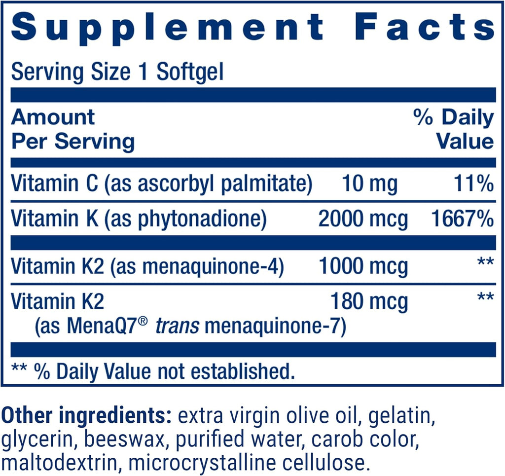 Life Extension Super K - Complejo de Vitamina K1 y K2, 2000 mcg K1 y 1180 mcg K2, 90 Cápsulas Blandas