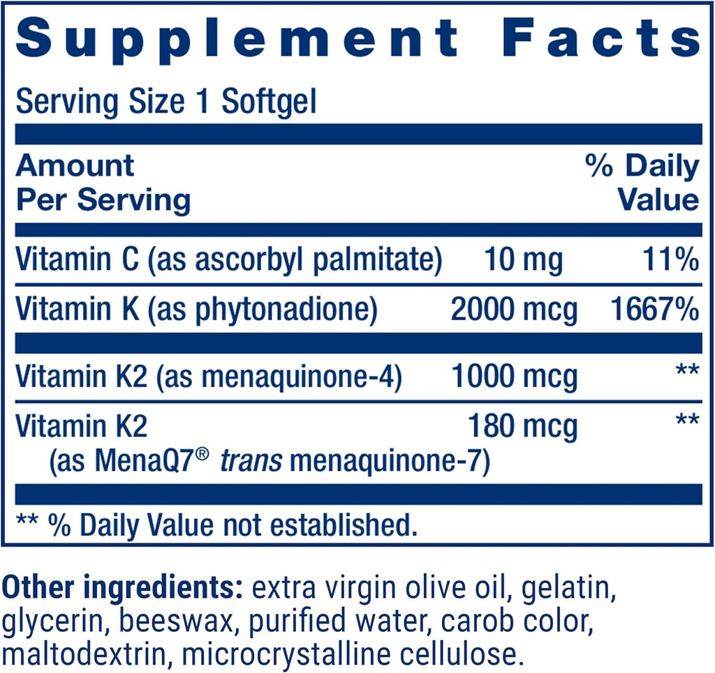 Life Extension Super K, Suplemento de Vitamina K, 2000 mcg Vitamina K y 1180 mcg Vitamina K2, Salud Cardíaca, Una Vez al Día, 90 Cápsulas Blandas