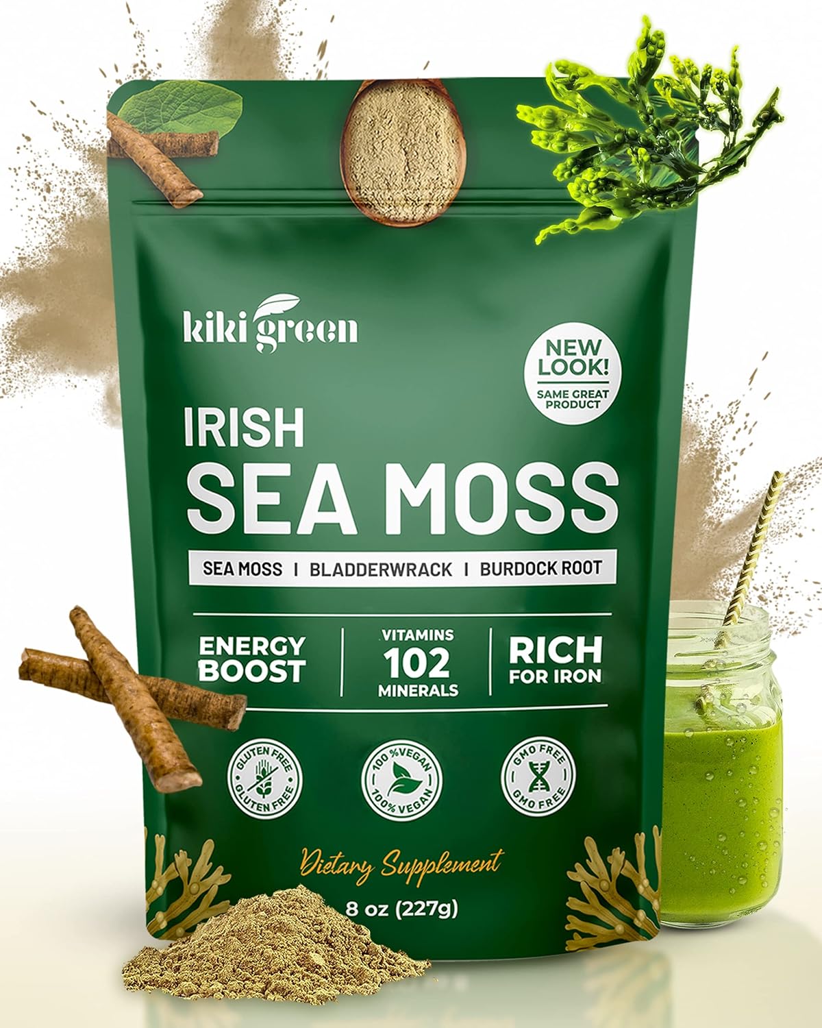 Irish Sea Moss Powder 8 Oz - con Bladderwrack y Burdock Root - Suplemento Vegano y Sin Gluten