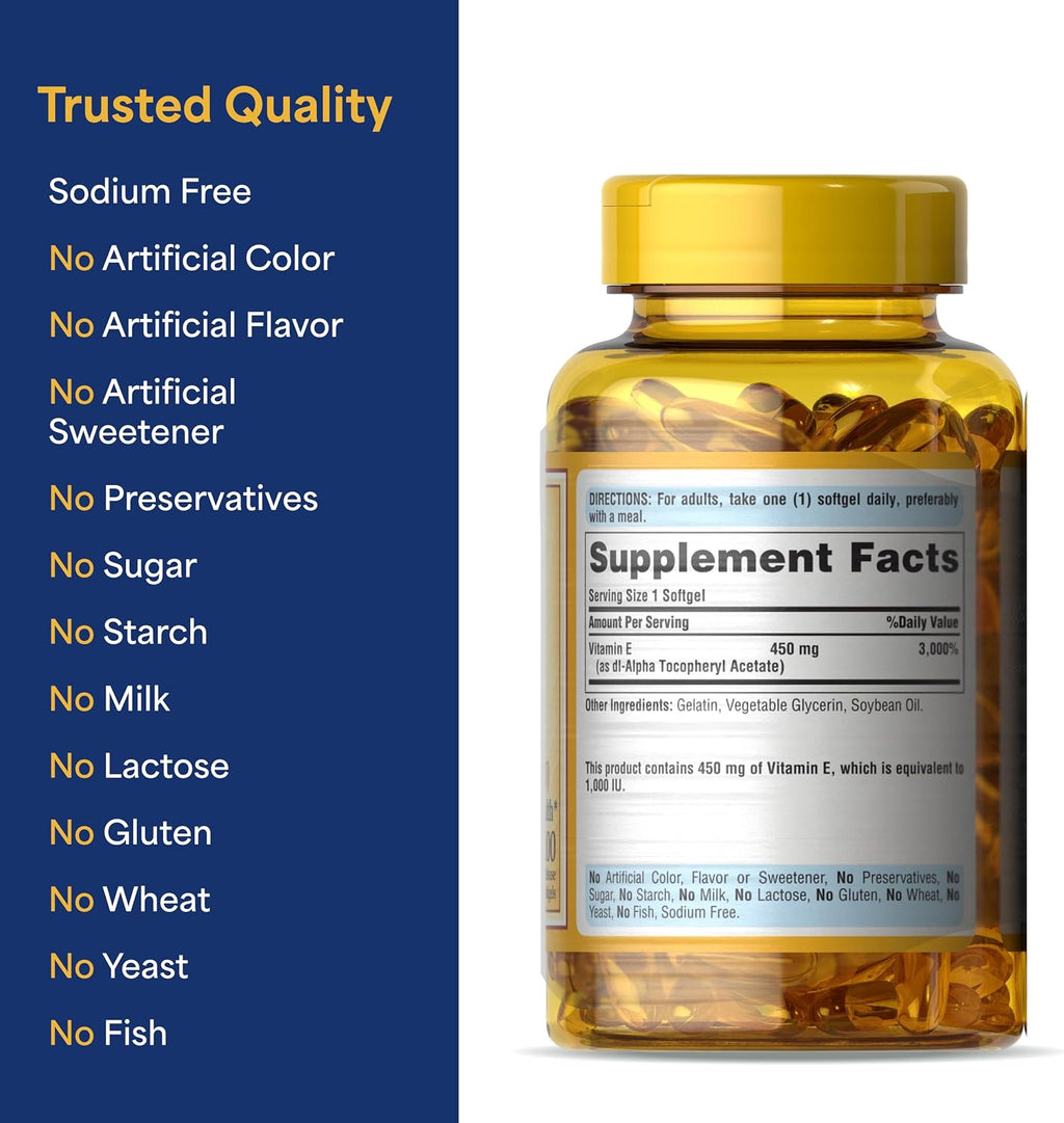 Puritan's Pride Vitamina E 450mg (10.000 UI), Suplemento Vitaminico para la Función del Sistema Inmunitario y Apoyo Antioxidante, 100 Cápsulas Blandas de Liberación Rápida, 2 Envases