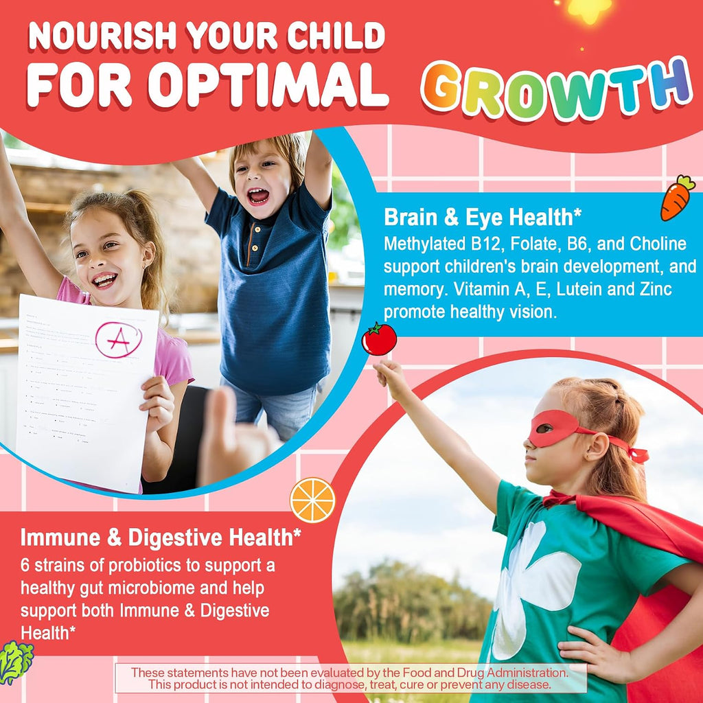Neviss Multivitamínico Infantil en Gominolas + Calcio, Probióticos, Vitamina D3, C, B12 Metilada y Metilfolato - 60 Gominolas