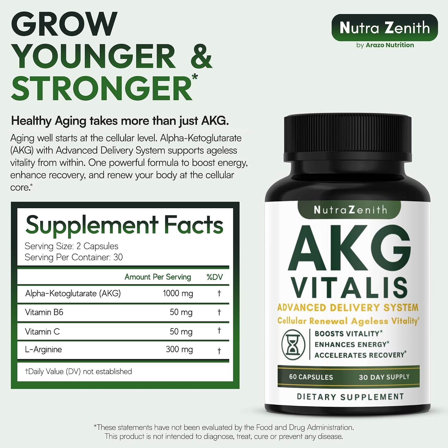 Arazo Nutrition AKG Suplemento Antiedad y Energía con Vitamina B6, Vitamina C y L-Arginina - 60 Cápsulas