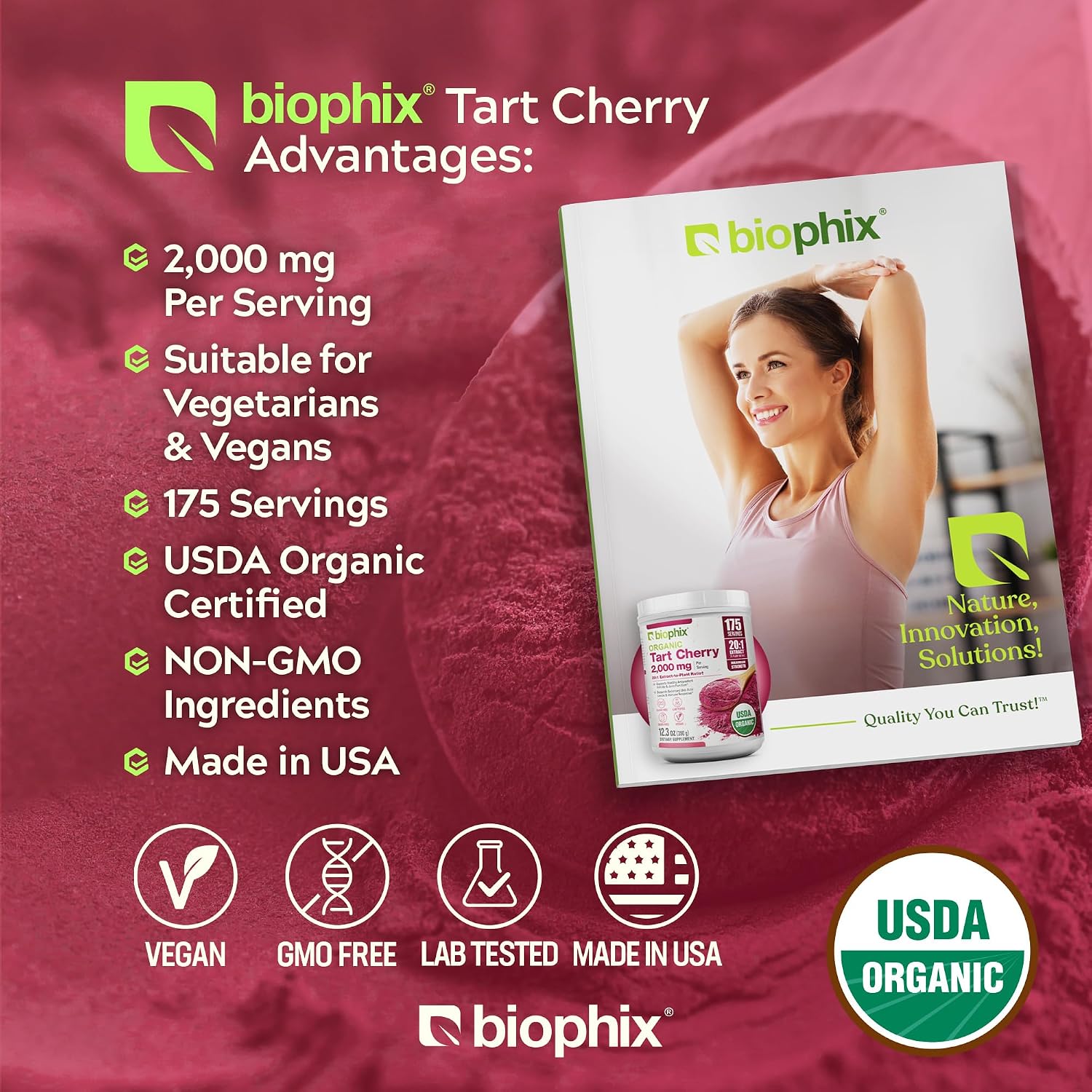 biophix Polvo de Cereza Ácida Orgánica Extracto 20:1 - 350 g (12.3 oz) - Superalimento Natural - Sin Azúcar Añadido - Vegano