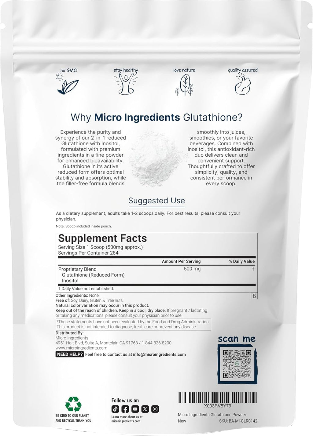Glutatión Reducido en Polvo con Inositol, 142 g (5 oz) – Micro Ingredients