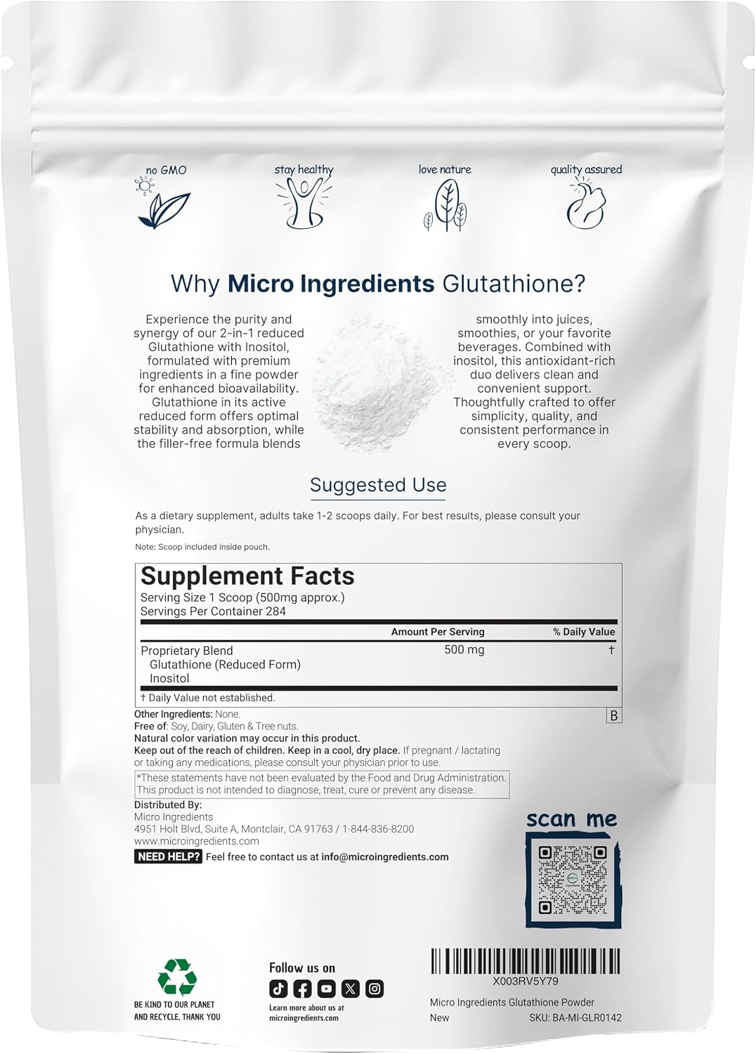 Glutatión Reducido en Polvo con Inositol, 142 g (5 oz) – Micro Ingredients
