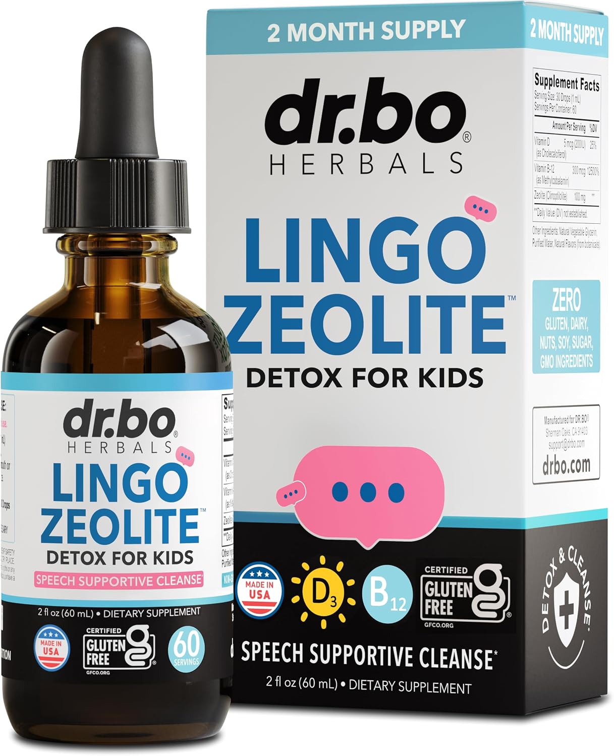 Zeolite Detox for Kids Lingo Drops - Gotas de Zeolita Natural con B12 Metilada y D3 para Niños, 60 ml
