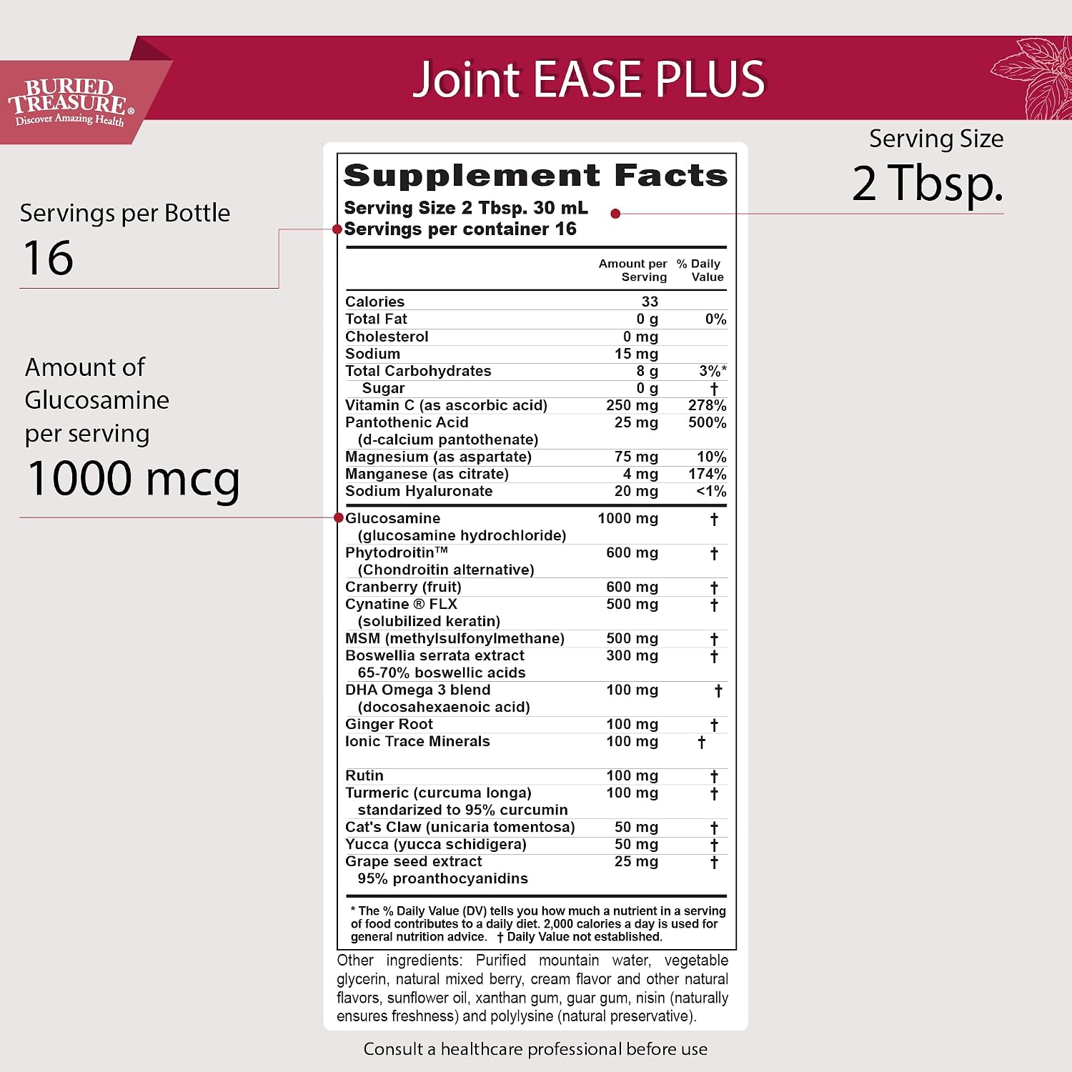Buried Treasure Joint Ease Plus - 473 ml, Glucosamine and Chondroitin with MSM and Turmeric, Joint Supplement