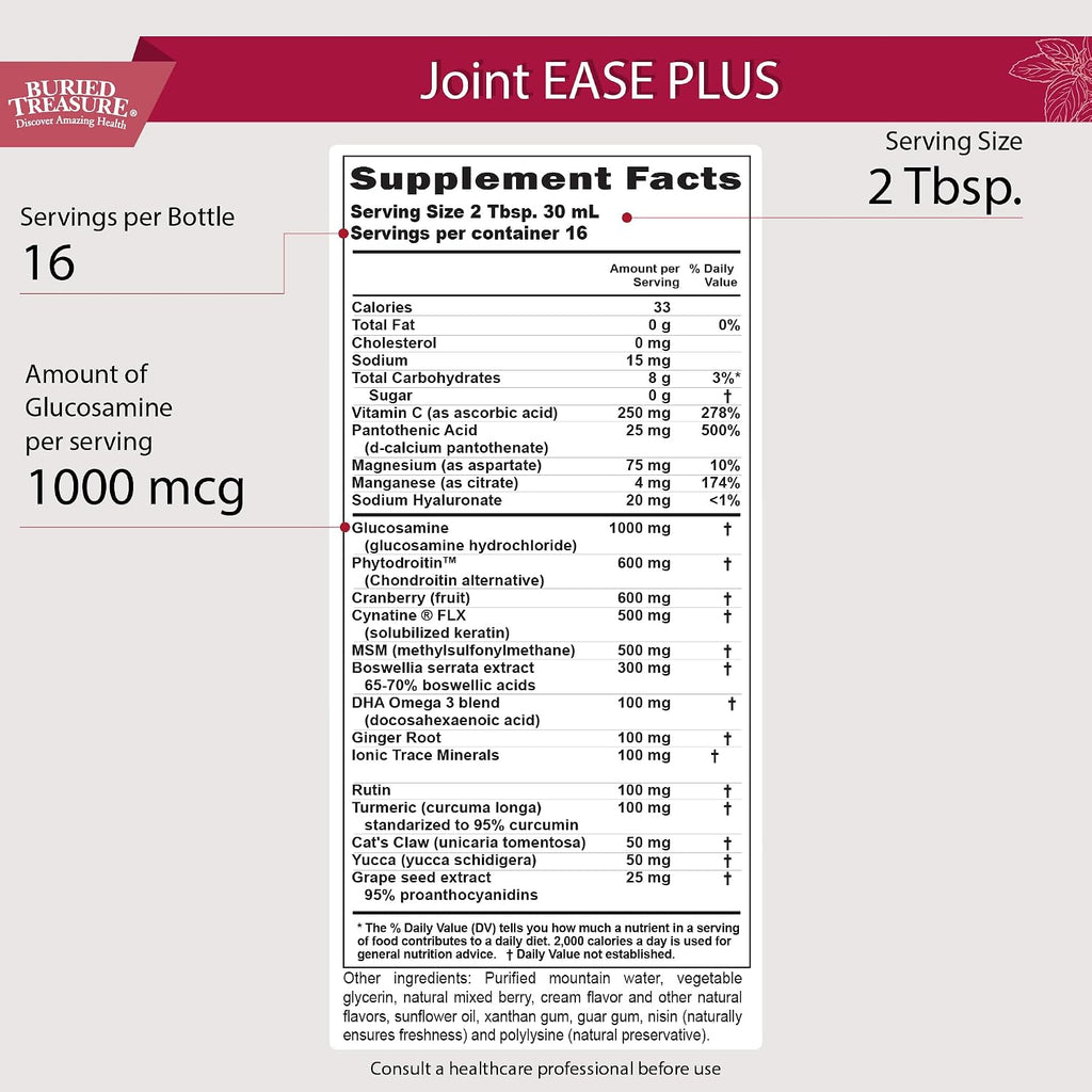 Buried Treasure Joint Ease Plus - 473 ml, Glucosamina Condroitina con MSM y Cúrcuma, Suplemento para el Apoyo Articular