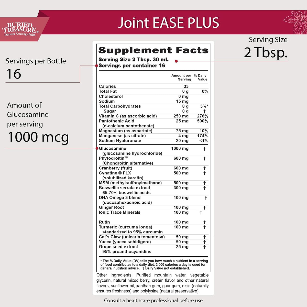 Buried Treasure Joint Ease Plus - 473 ml, Glucosamina Condroitina con MSM y Cúrcuma, Suplemento para el Apoyo Articular – Image 2