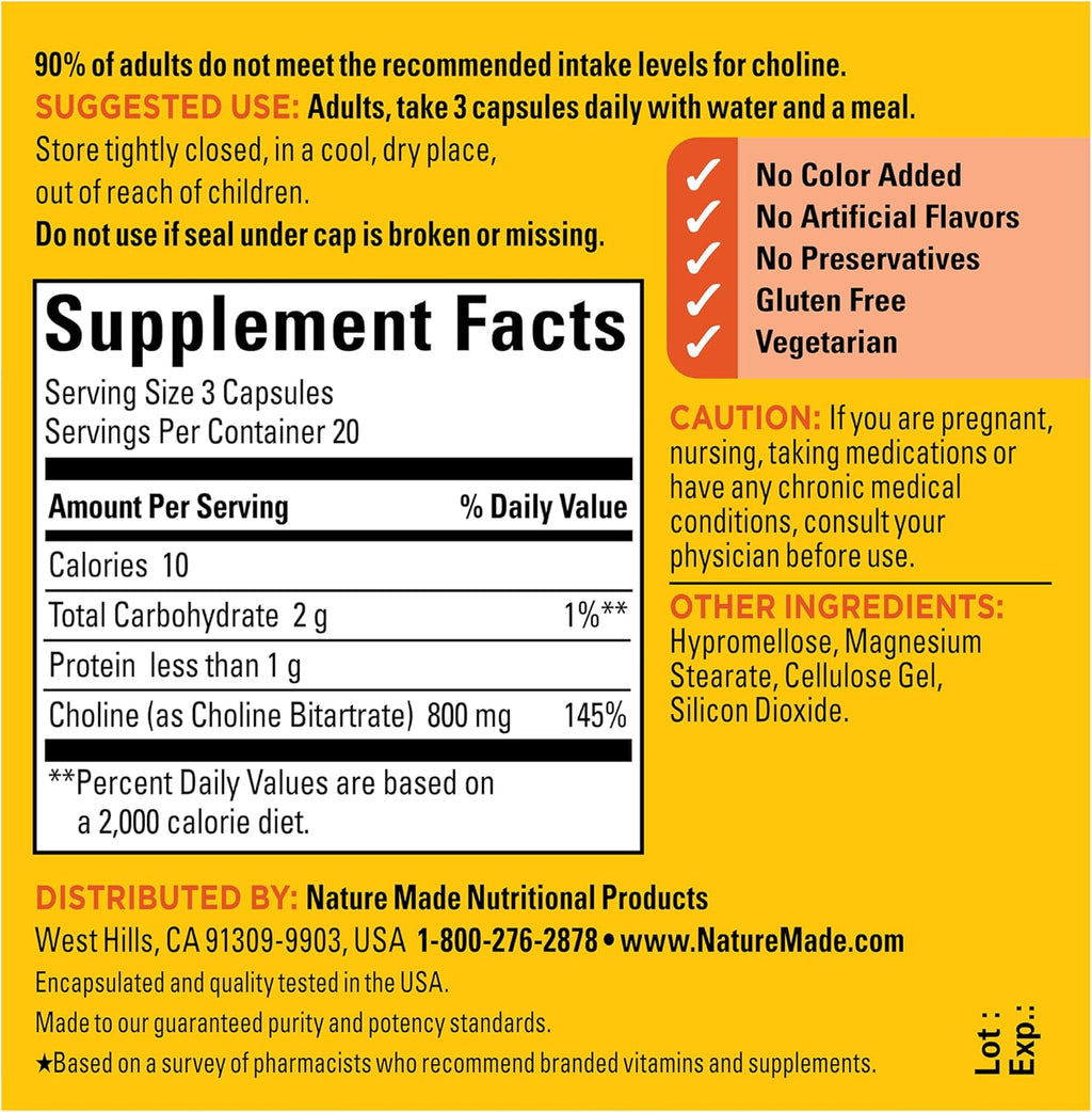 Nature Made Colina 800 mg, 60 Cápsulas - Suplemento de Colina de Alta Dosificación