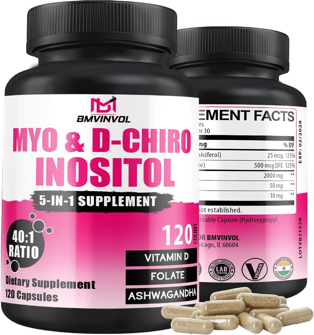 BMVINVOL Myo-Inositol y D-Chiro Inositol 2050mg con Folato, Vitamina D y Ashwagandha - 120 Cápsulas