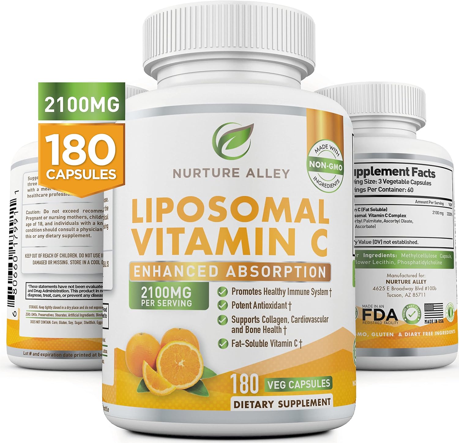 NURTURE ALLEY Vitamina C Liposomal 2100 mg, 180 Cápsulas - Alta Absorción