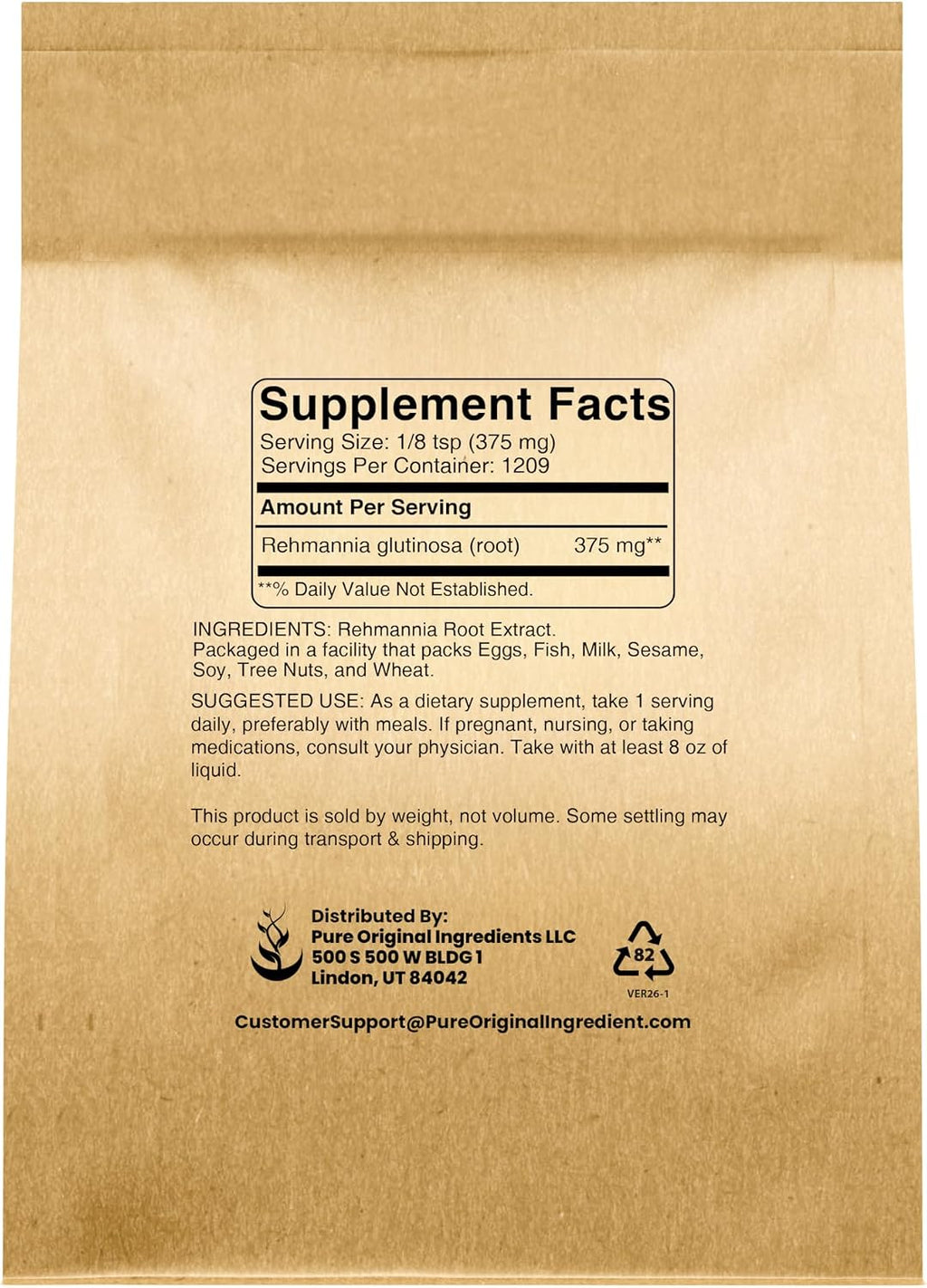 PURE ORIGINAL INGREDIENTS Extracto de Raíz de Rehmannia en Polvo (454 g) - No Transgénico, Suplemento Herbario Tradicional