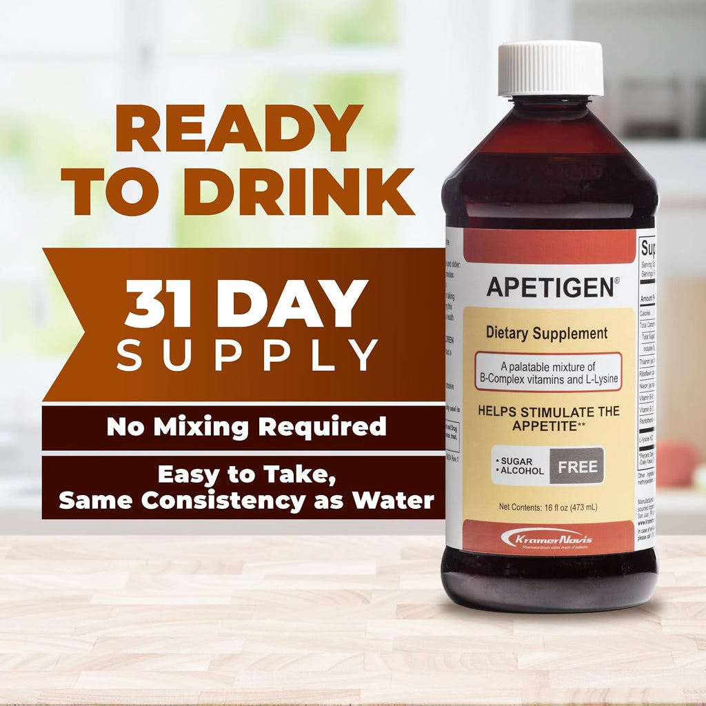 Apetigen Estimulante del Apetito para Niños y Adultos – Complejo B con L-Lisina Líquido – Sin Azúcar – Sabor Caramelo – 473 ml