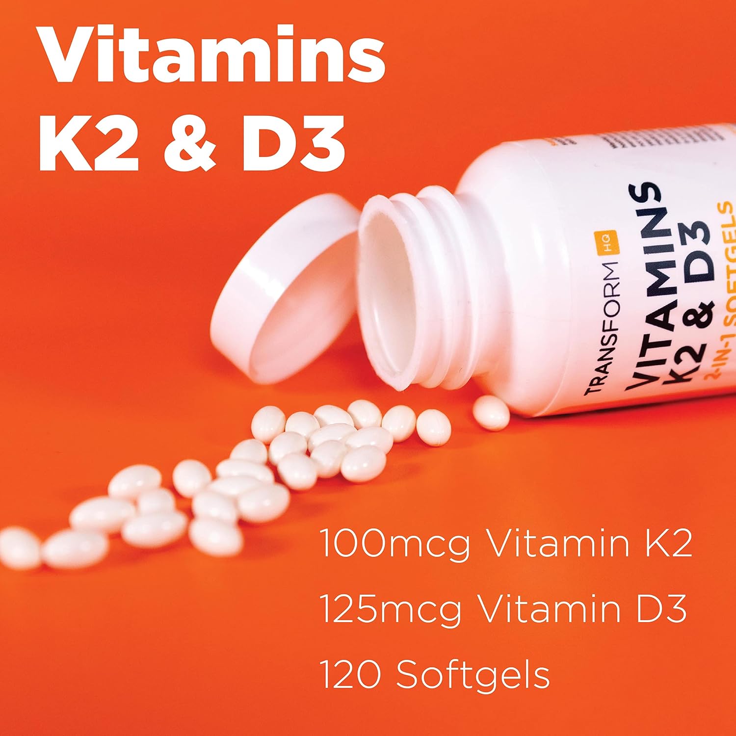 TransformHQ Vitamina K2 (MK7) 100 mcg + Vitamina D3 5000 UI, 120 Cápsulas Blandas - Sin Gluten y No GMO