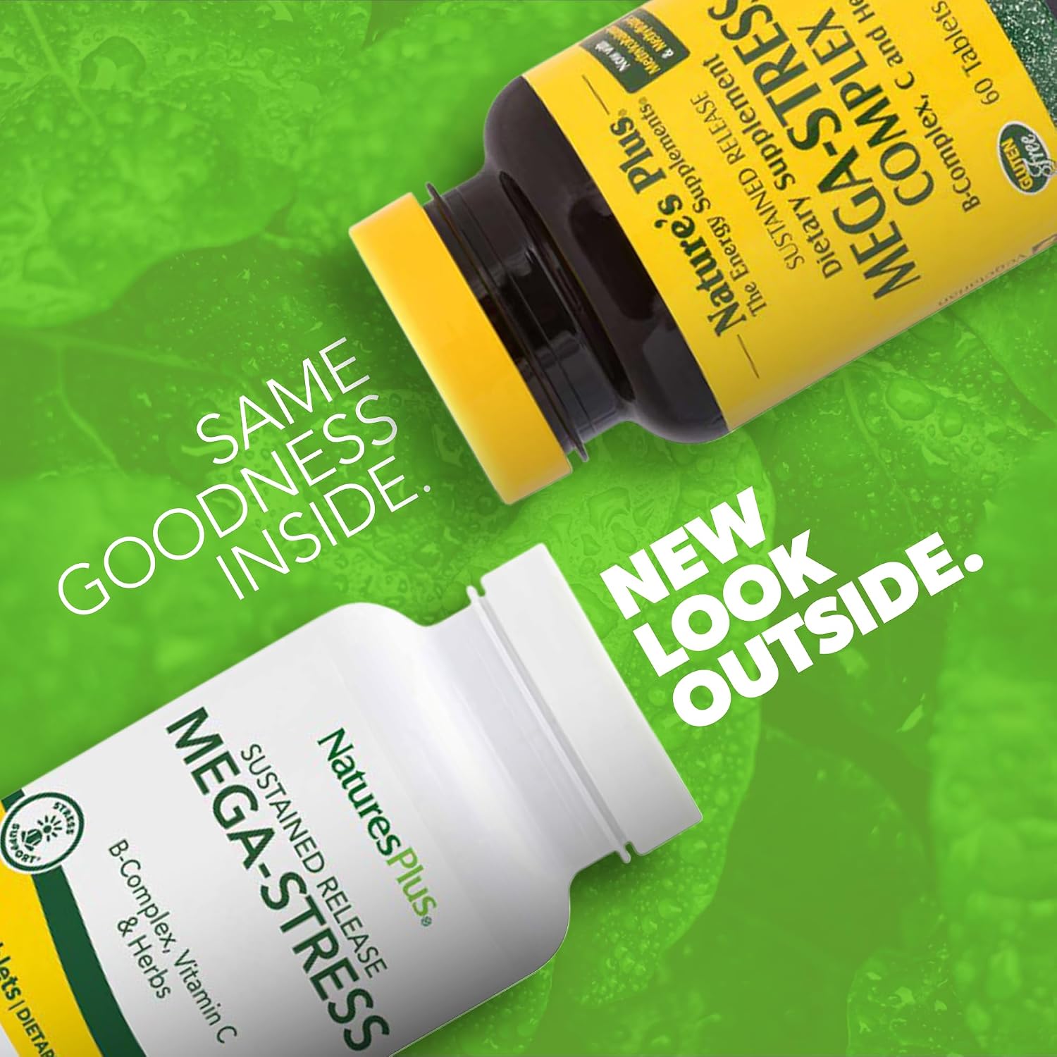 NaturesPlus Mega-Stress Complex - B-Complex con Vitamina C y Hierbas Relajantes - 60 Comprimidos de Liberación Prolongada