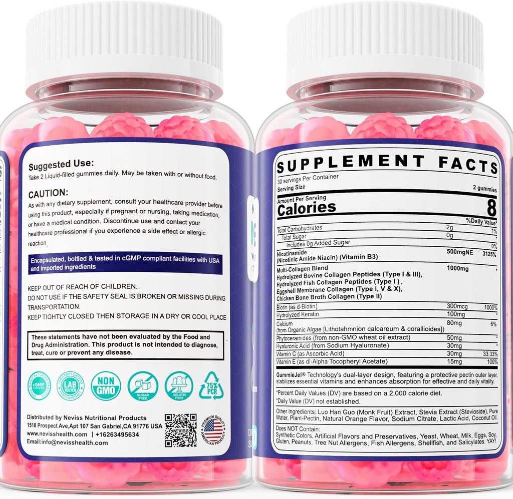 NEVISS Nicotinamida 500mg Gomitas – Suplemento NAD+ con Colágeno | Sin Azúcar, Sin Enrojecimiento (2 Envases)
