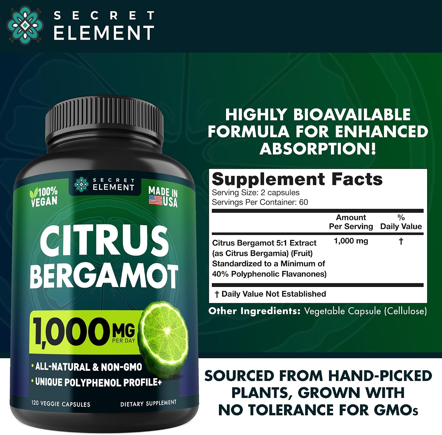 Extracto de Bergamota Cítrica 1000mg - 240 Cápsulas Veganas (2 Paquetes)