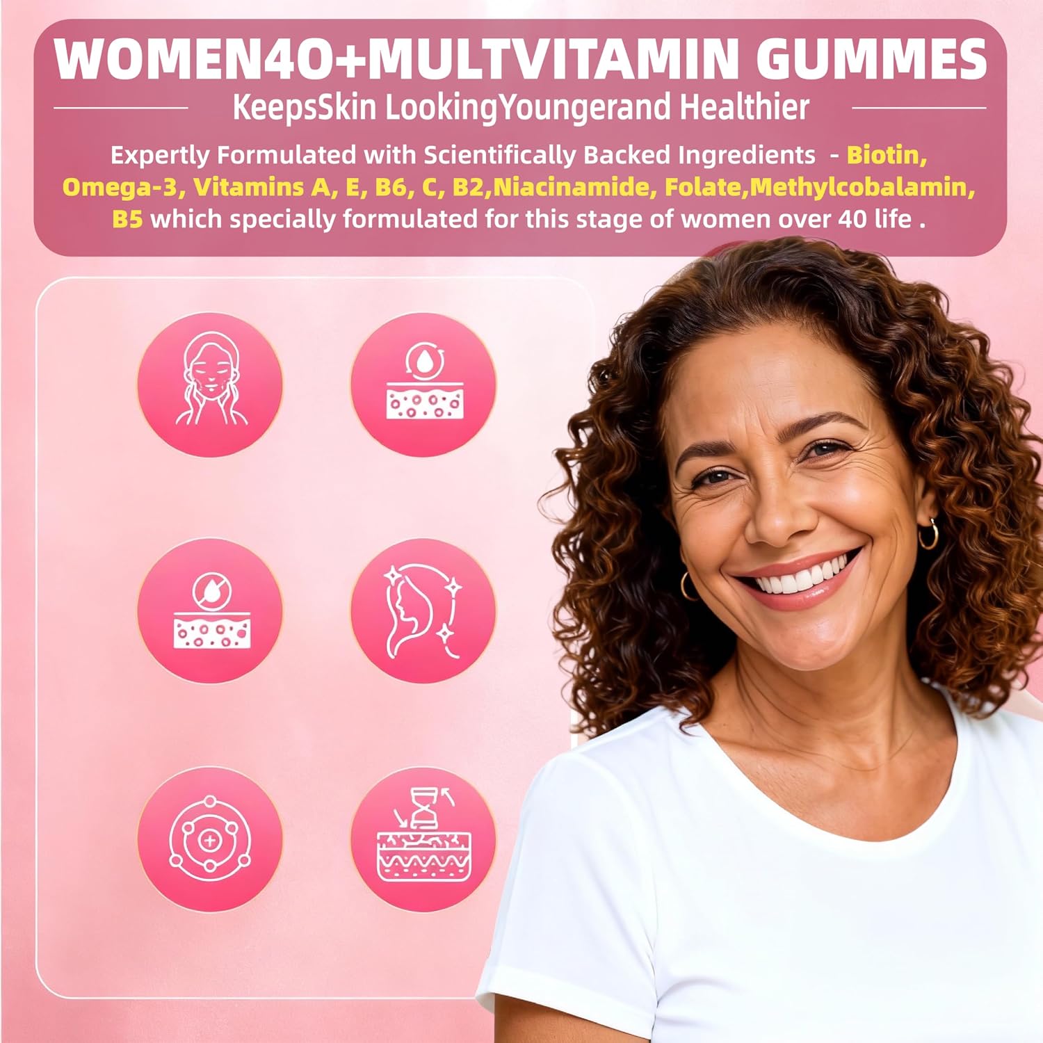 Multivitamínico en Gominolas para Mujeres 40+ con Omega-3, Niacinamida, Complejo B, Luteína, Hierro, Colina, Fosfatidilserina, Vitamina D3 - Vegano, Sin Azúcar, 120 Gominolas
