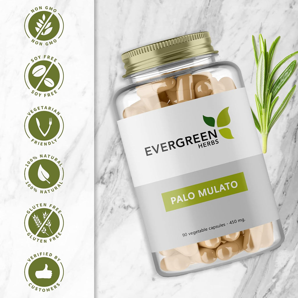 Evergreen Herbs Palo Mulato Capsules - 1350 mg per Serving (450 mg Each Capsules) Wildcrafted Mexican Herbal Capsules - Tamper Proof Seal to Ensure Freshness