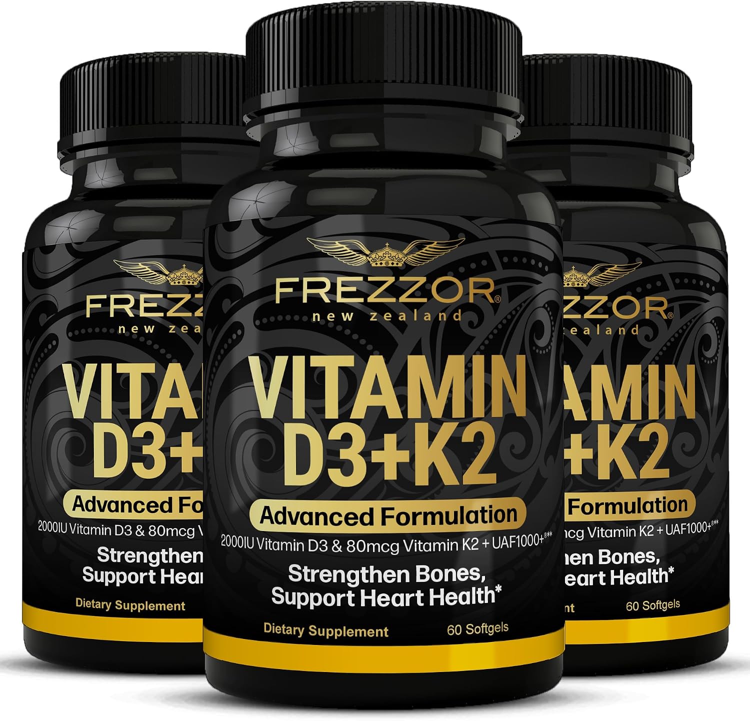 FREZZOR Vitamina D3 y K2, 2000UI D3 + 80mcg K2 MK-7, 180 Cápsulas Blandas (3 Meses)